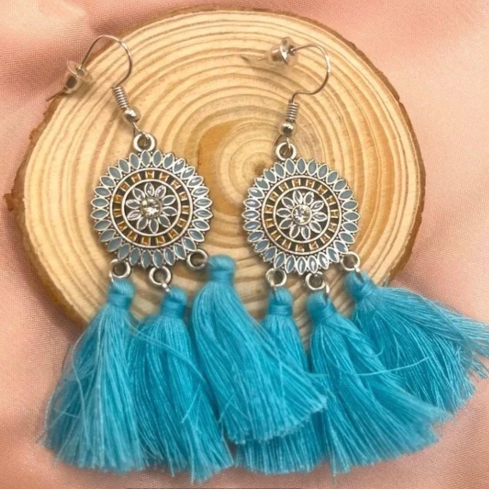 Bohemian Gypsy  Blue Fringe Tassel Silver tone Pierced Medallion Earrings